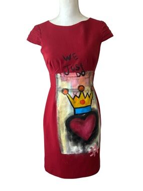 Sz. 4 Red Short Sleeve Art Print Sheath Dress